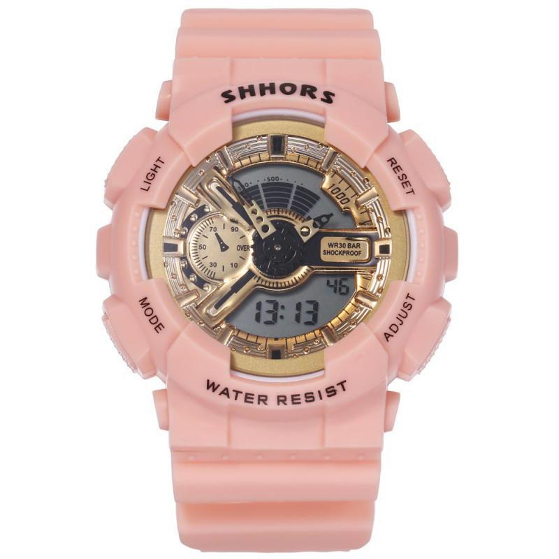 Shhors roze dameshorloges multifunctionele sporthorloges dames led-display analoog digitaal quartzhorloge reloj mujer: Roze