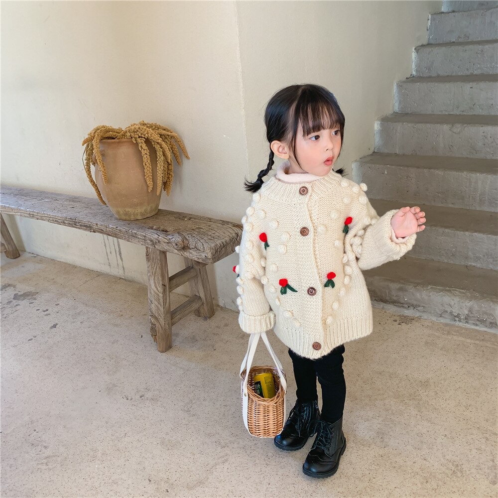 Outono crianças cardigan solto meninas camisola cereja malha criança camisola jaqueta meninas casaco roupas crianças cardigan roupas