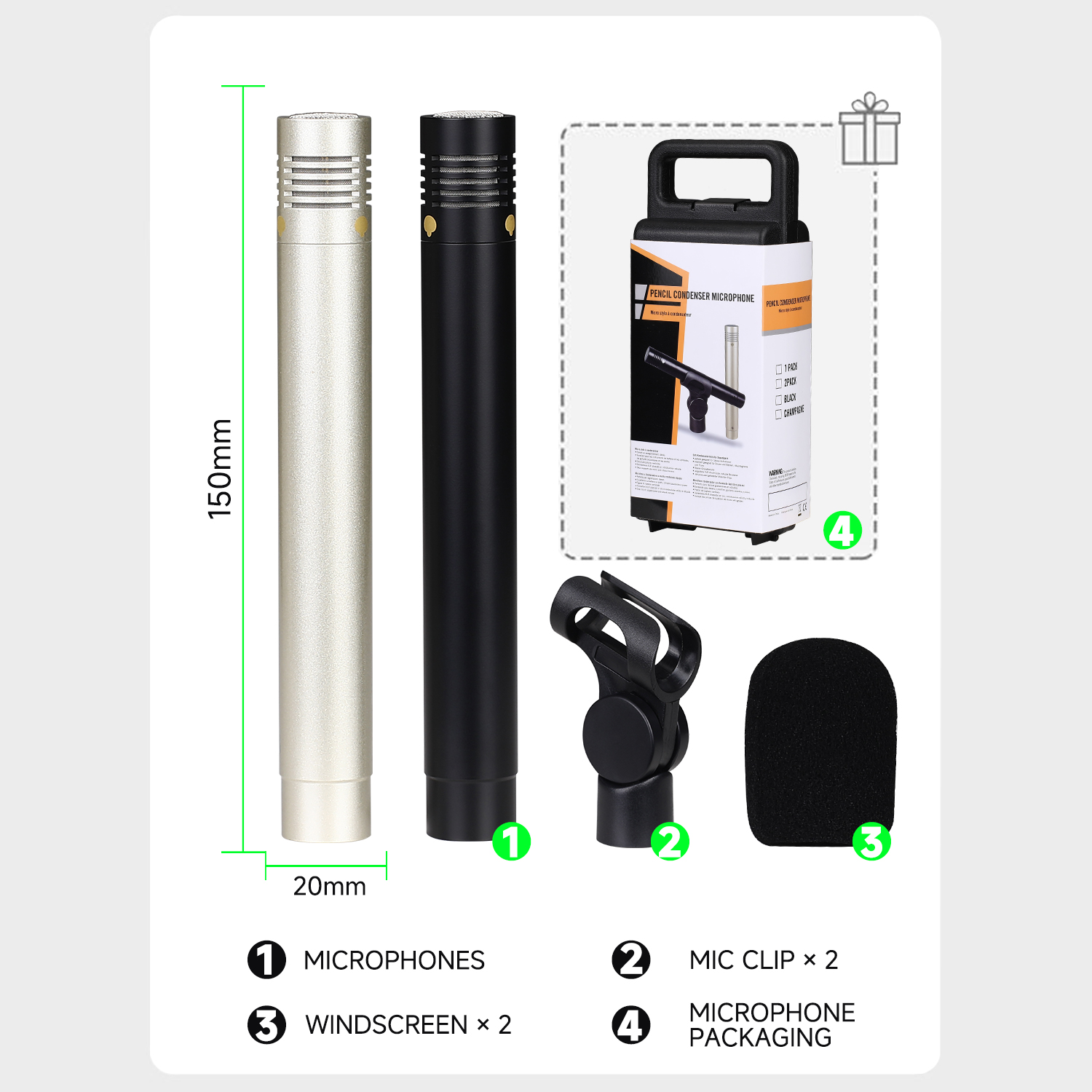 C02 Instrument Microphone Metal Recording Condenser Mic With Shockproof Clip & Windscreen for Drum,Live,Band