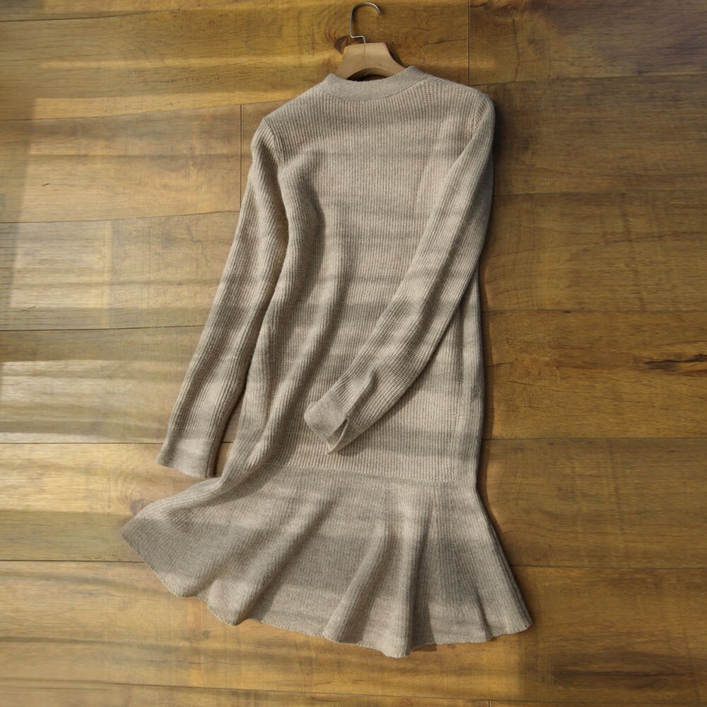 Vrouwen Trui Jurk Herfst Winter Lange Mouwen Ronde Hals Effen Kleur Ruches Zoom Gebreide Jurk Casual Vestidos Gewaden Koreaanse