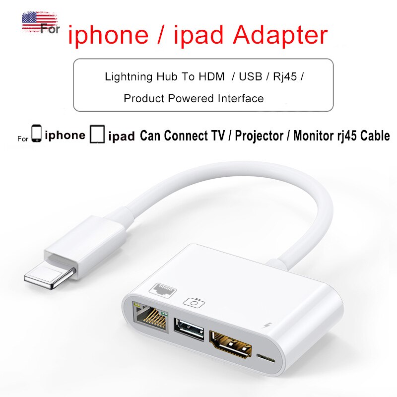 Lightning a HDMI-Cable Ethernet RJ45, adaptador hub USB iphone 3 en 1 para RJ45, conectar teclado, cámara y proyector