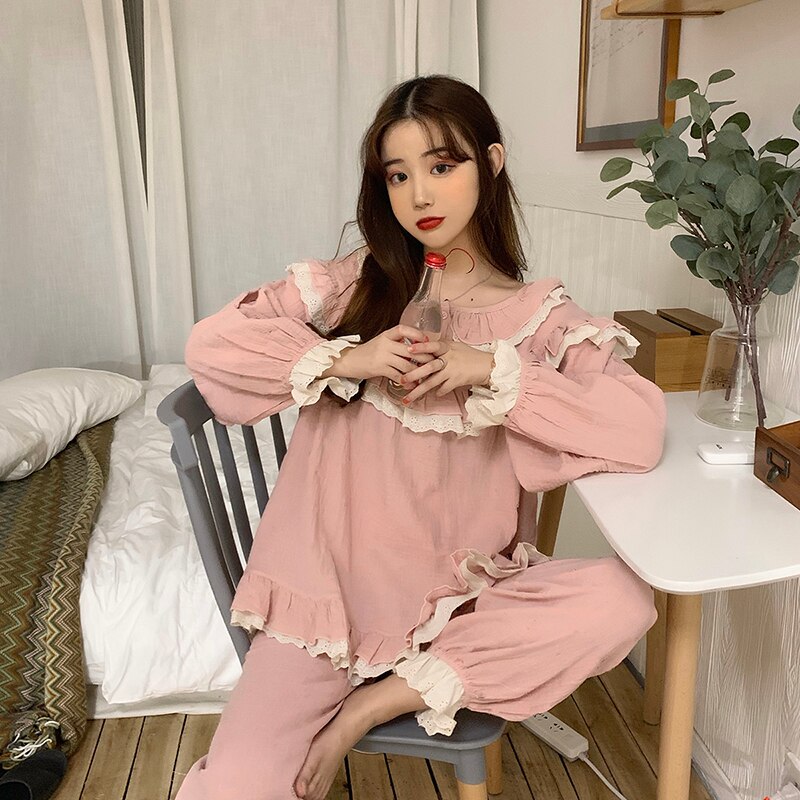 autumn winter cute cotton linen pajama set women home suit sleepwear long sleeve lacework pyjama pants trouser outwear 2pcs L337