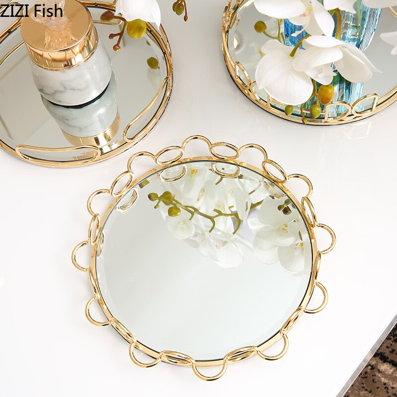 Placa de ouro doces sobremesa bandeja geométrica chapeamento metal vidro espelho prato jóias placas exibição rústico europeu decoração da sua casa