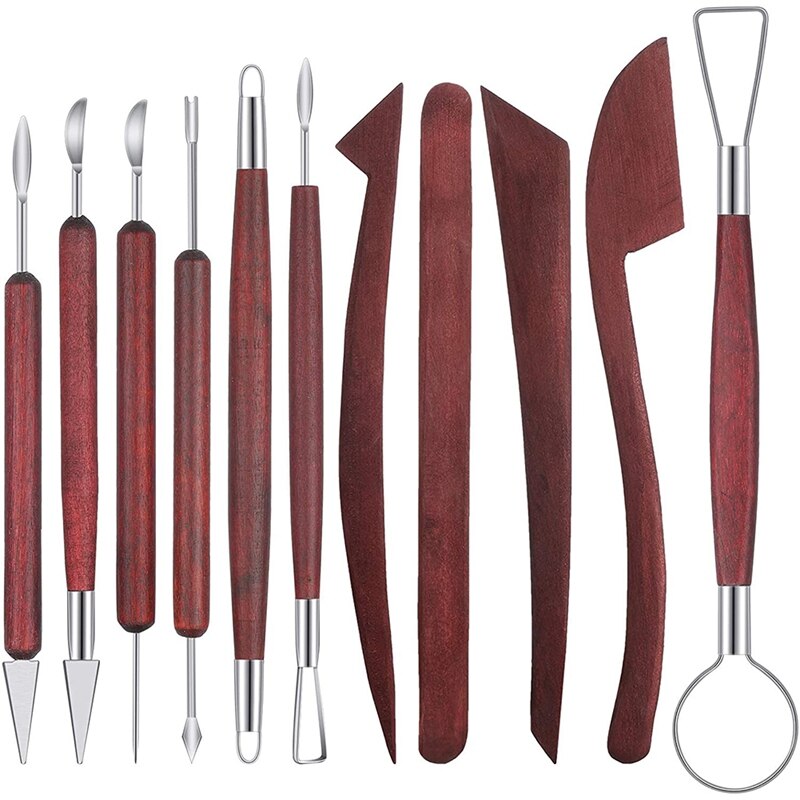 ! Juego de esculpir arcilla con mango de madera, herramientas para esculpir arcilla, bricolaje, tallado de doble cara, 11 piezas: Default Title