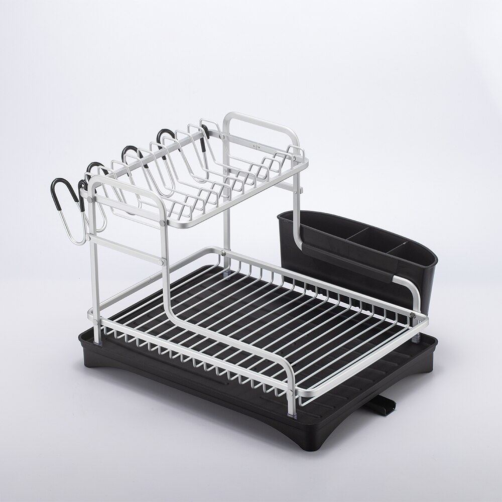 2 våningar silver rostfritt aluminium diskställ diskbänk avloppsplatta torkhylla organisatör tillbehör bestick förvaring: Silverren
