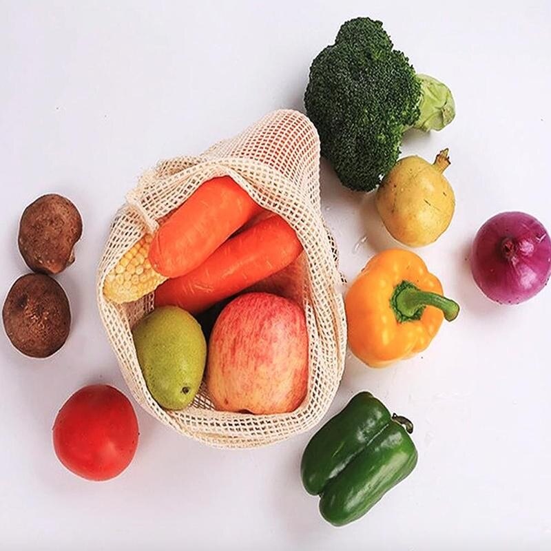 Reusable Cotton Mesh Vegetable Bags Produce Bag Kitchen Bag Drawstring With Fruit Vegetable Storage R1W6