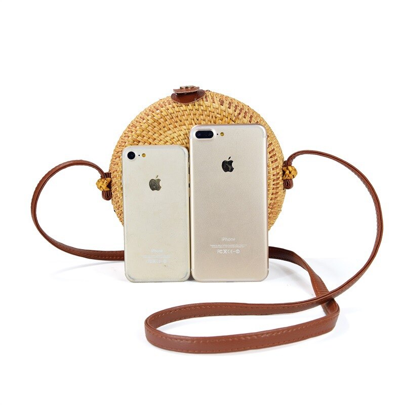 Women Shoulder Bad Rattan Sele Mini Round Retro Literary Leather Buckle PU Strap Handmade Woven Lady Beach Crossbody Bags