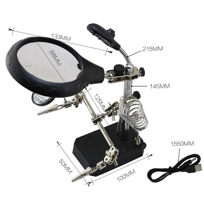 Welding magnifying glass 5 LED Light Auxiliary Clip loupe Magnifier 3 In1 Hand Soldering Solder Iron Stand Holder Station