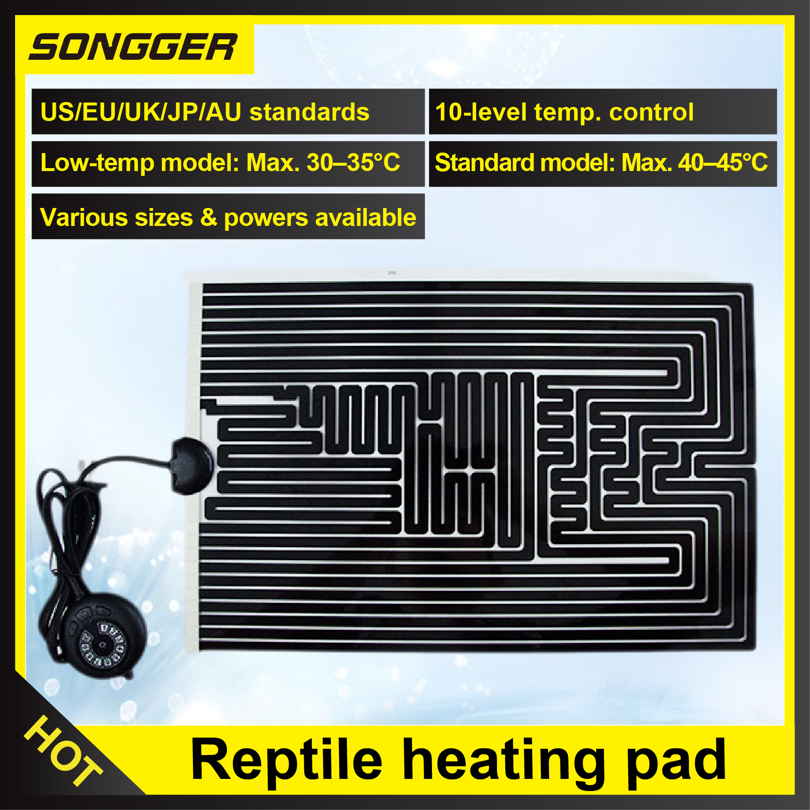 Reptile Heating Pad 5-78W 3-Level Adjustable Heat Mat for Gecko Turtle Frog Spider Terrarium Waterproof Under Tank Heater