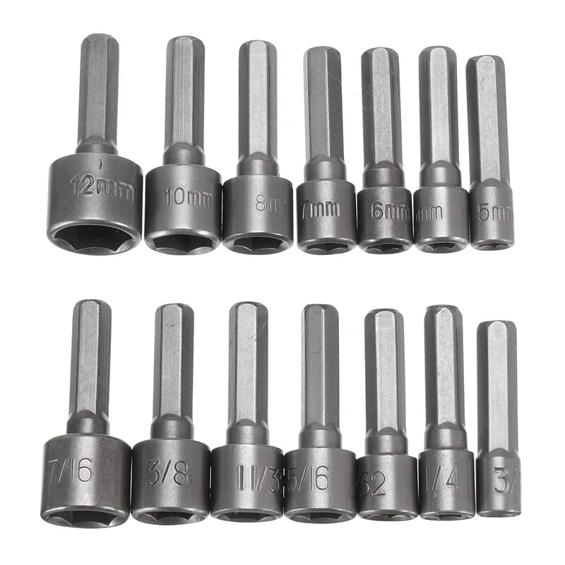 14pcs Power Nut Driver Set Dual Metric Standard Hexagon Handle Socket Screwdrivers Nut Driver Socket Bit Power Adapter