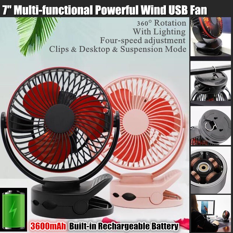 7 " krachtige wind-usb-ventilator, ,3600 mah oplaadbare batterij, 4- snelheidsaanpassingen met verlichting, 360 rotatiehaken, clips en bureauventilator