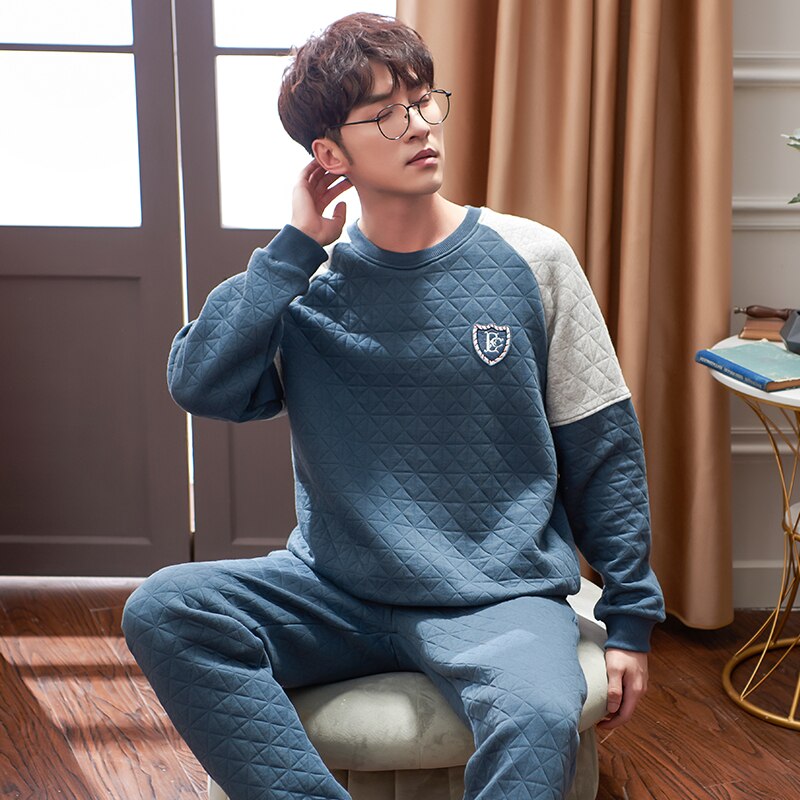 Winter Dicke Warme Blau Stepp Schlafanzug setzt für Männer Langarm Luft baumwolle Zwischenschicht Nachtwäsche Loungewear Homewear Hause Kleidung