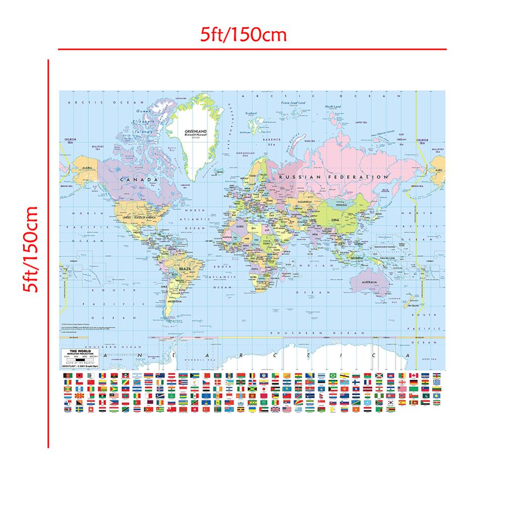 150X150 Cm Mercator Projectie Kaart Niet-geweven Vinyl Spray Wereldkaart Met Nationale Vlag Voor Cultuur En onderwijs