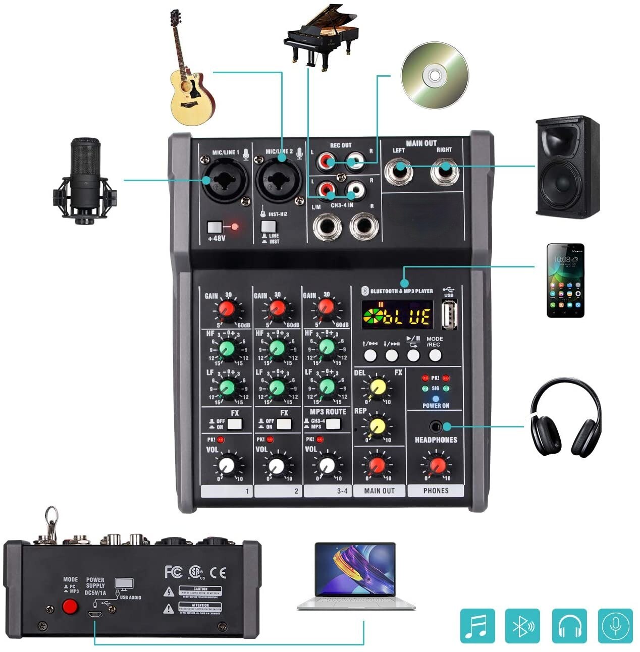 A4 Sound Mixing Console Bluetooth Usb Record Computer Afspelen 48V Phantom Power Vertraging Repaeat Effect 4 Kanalen Usb Audio mixer