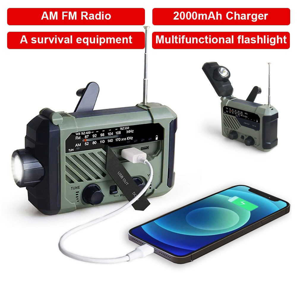 Manovella solare portatile Radio 2000mAh AM FM emergenza lampada da lettura multifunzionale torcia SOS allarme energia di ricarica solare