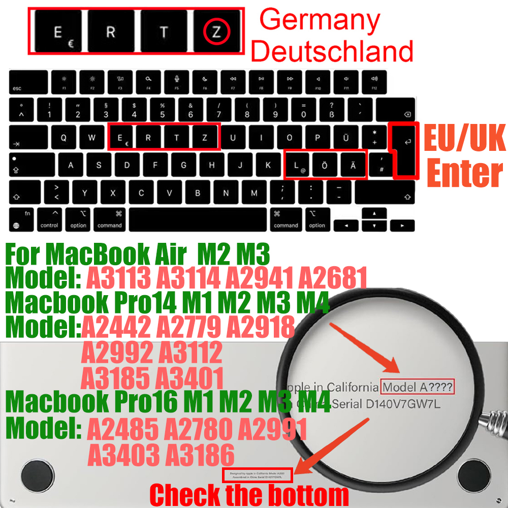 German Laptop Silicone Cover Laptop cover For macbook air 13 pro15 touchbar 11" Keyboard cover Dust-proof silicone keyboard case: A2442 A2485 Pro 2021