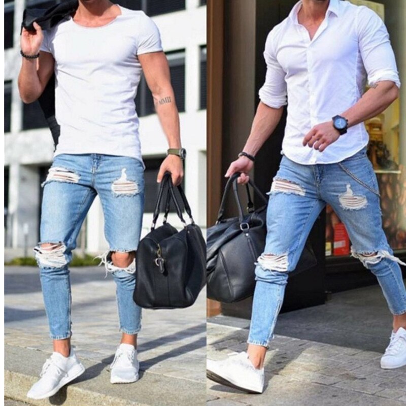 Men Blue Color Stretchy Skinny Biker Jeans Leisure The Streets Men Slim Fit Ripped Denim Pants European Large Siz