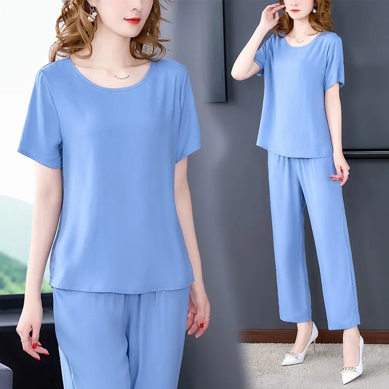 Women Pants 2-Piece Set Female Summer Set Middle aged Female Loose Tops+ Wide leg Pants Two-Piece Suit Short Sleeve Suit 4XL: XL / Red