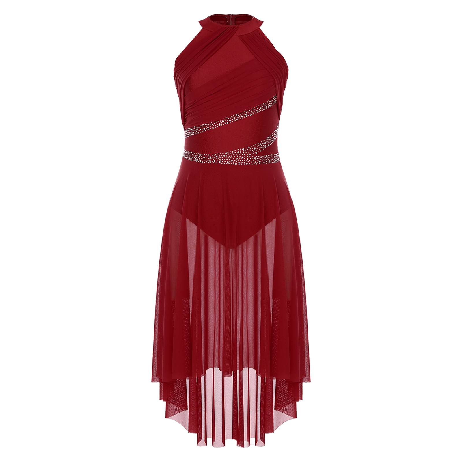 Womens Modern Lyrical Dance Dress High-Low Tulle Rhinestone Ballet Gymnastics Leotards Figure Skating Performance Costume