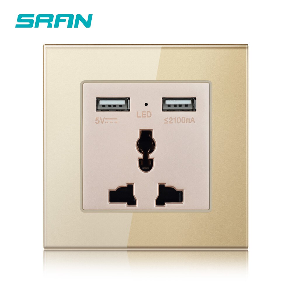 SRAN 3 pin universal power socket with USB,dual usb output 5V 2.1A Crystal glass panel 86mm*86mm white/black wall socket