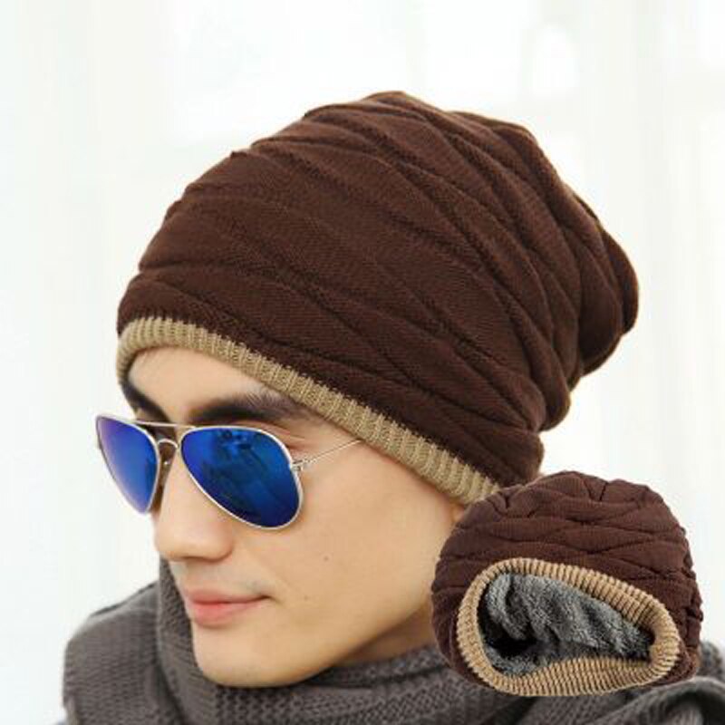 Gorros de abrigo gruesos de punto para hombre, gorro de Color liso, elástico, para primavera, otoño e invierno,