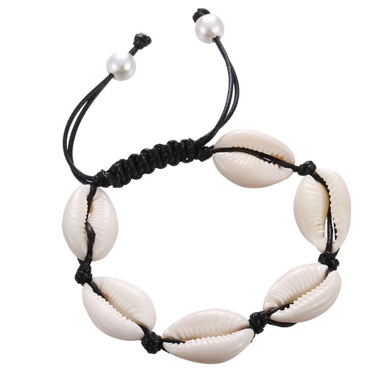 Boheme naturlig sea shell armbånd ankel hånd strik reb elastisk beaded pulseira diy strand smykker tilbehør sommer kvinder: Sort hvid