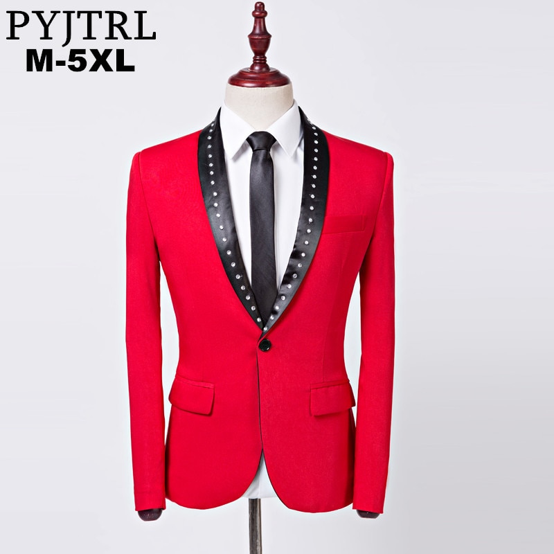 Pyjtrl Mannen Blazer Crystal Classic Shawl Revers Rood Slim Fit Pak Jas Bruiloft Bruidegom Zanger Kostuum Homme