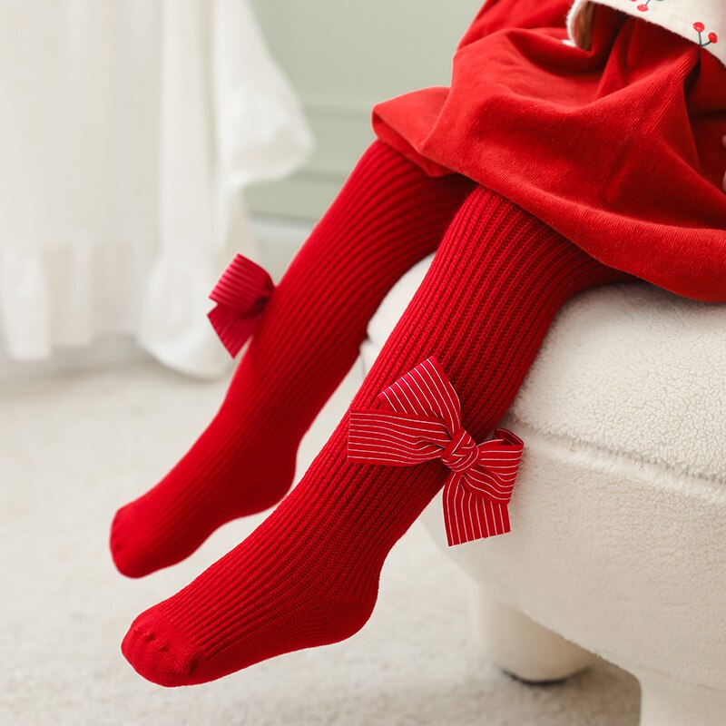 Infant Baby Christmas Ribbed Pantyhose, Girls Stretch Mid-Rise Tights with Bows Warm Stockings for Winter , 6Months-6Years