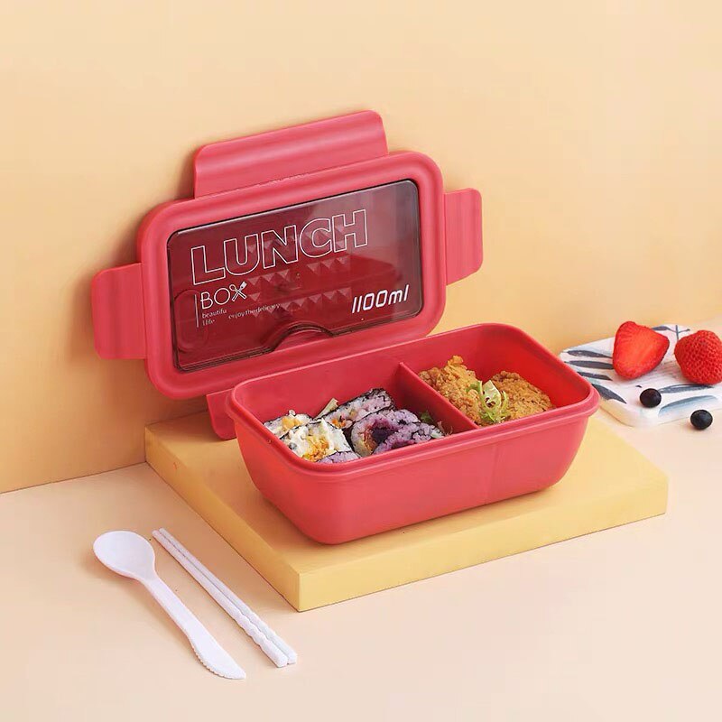 Microwave Lunch Box withBento Compartments Portable Box Japanese Style Leakproof Food Container for Kids with Tableware: Red