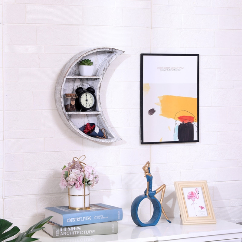 Mensola da parete in legno a forma di luna mensola a 3 piani a mezzaluna scaffali da parete decorazioni da appendere per soggiorno