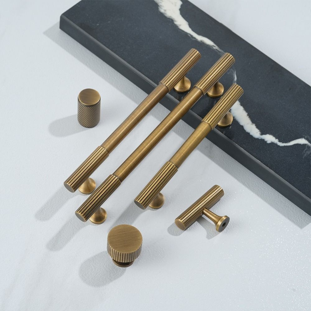 Tiradores de bronce para armario antiguo, manija moleteada de latón macizo, perillas de puerta de barra en T, tirador de puerta de muebles y cocina
