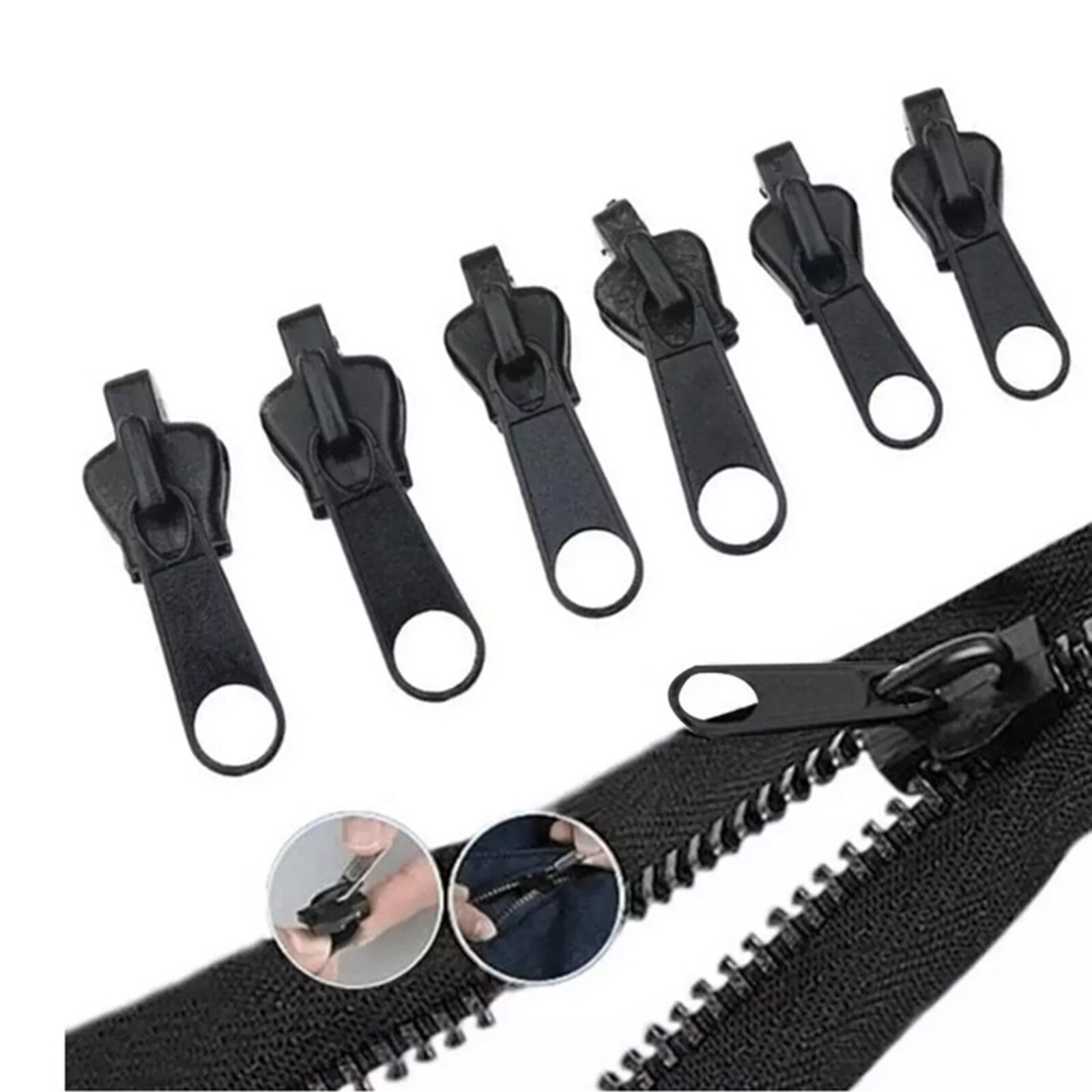 Deslizadores de cremallera universales de fijación instantánea, Kit de rescate de dientes de cremallera, reparación de cremalleras para costura a medida, herramienta a granel, 6 uds.: Black zipper