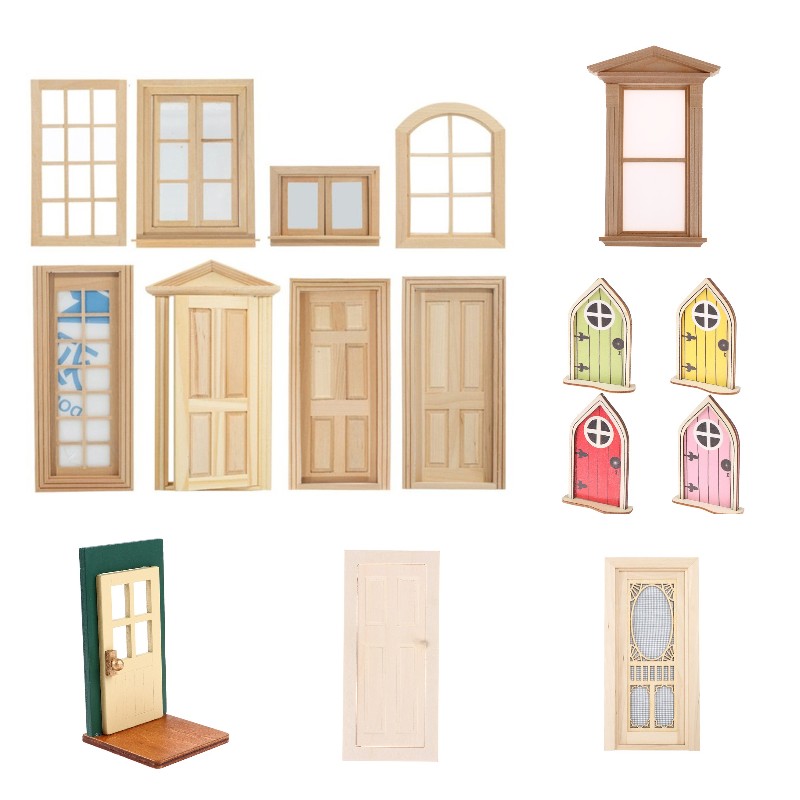 1/12 Poppenhuis Miniatuur Hout Externe Enkele Deur Houten Raamkozijn Diy Accessoires Pophuis Meubels Speelgoed Multi Stijlen