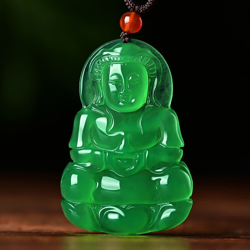 Grün Jade Chalcedon Hand Geschnitzt Guanyin Buddha Anhänger Schmuck Chalcedon Achat Liebhaber Halskette zur Seite fahren Kette: Guanyin