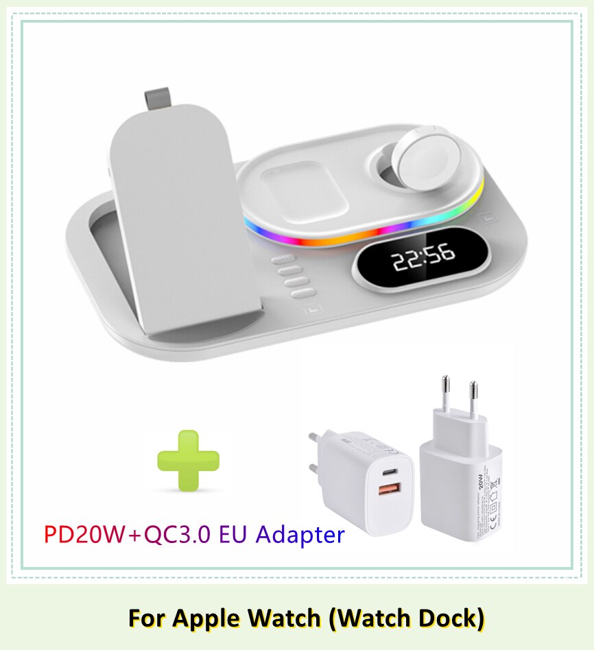 LED 4 in 1 Wireless Charger Dock Qi Fast Charging Station for Apple Watch Airpods iPhone 12 13 Pro Samsung S21 Note Mobile Phone: White apple EU Plug