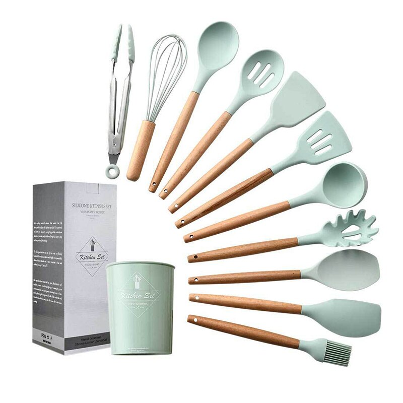12 pièces Silicone ustensiles de cuisine ustensiles de cuisine ensemble résistant à la chaleur cuisine antiadhésive ustensiles de cuisine outils de cuisson: green