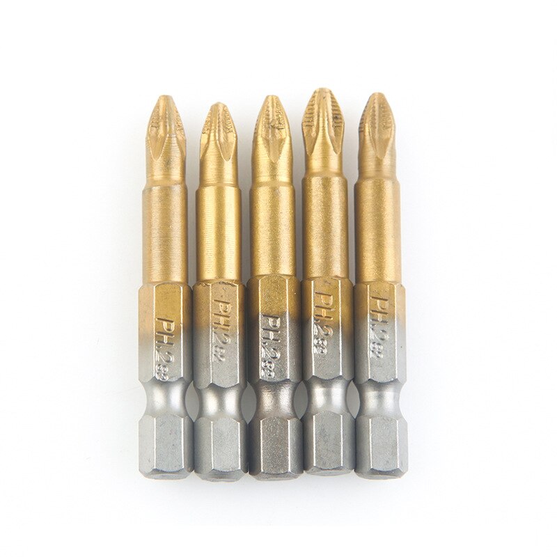 5/10pcs Anti Slip Electric Screwdriver Bits 1/4 Hex Shank Titanium Coated Screwdriver Bits PH2 Magnetic Electric Screwdriver Bit: 50mm 5pcs