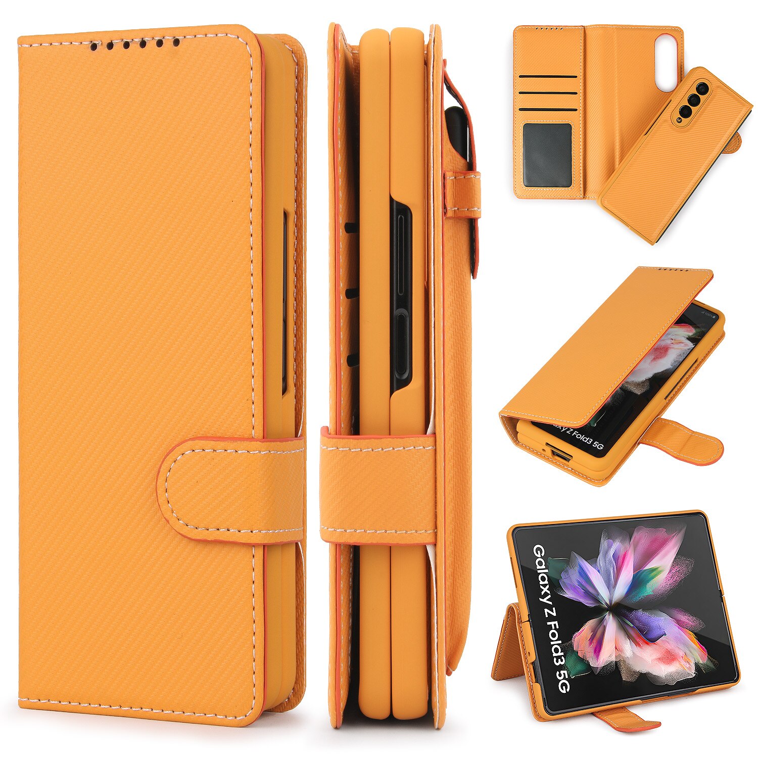 Afneembare Case Voor Samsung Galaxy Z Vouw 3 Pu Leer Magnetische Kickstand Shockproof Cover Met S Pen Stylus Houder: Twill Orange