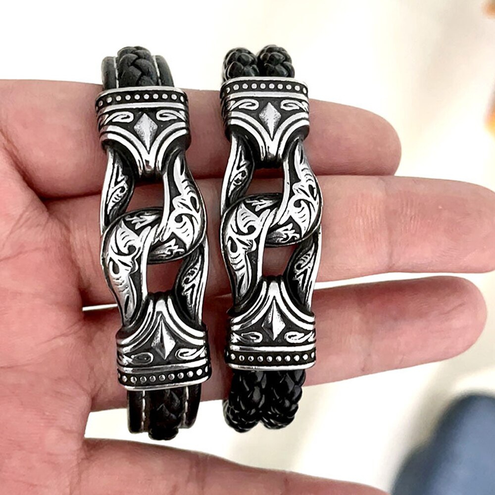 Vintage 316L Rvs Viking Armband Mannen Nordic Odin Viking Patroon Gesneden Leer Biker Armband Mode-sieraden Cadeau