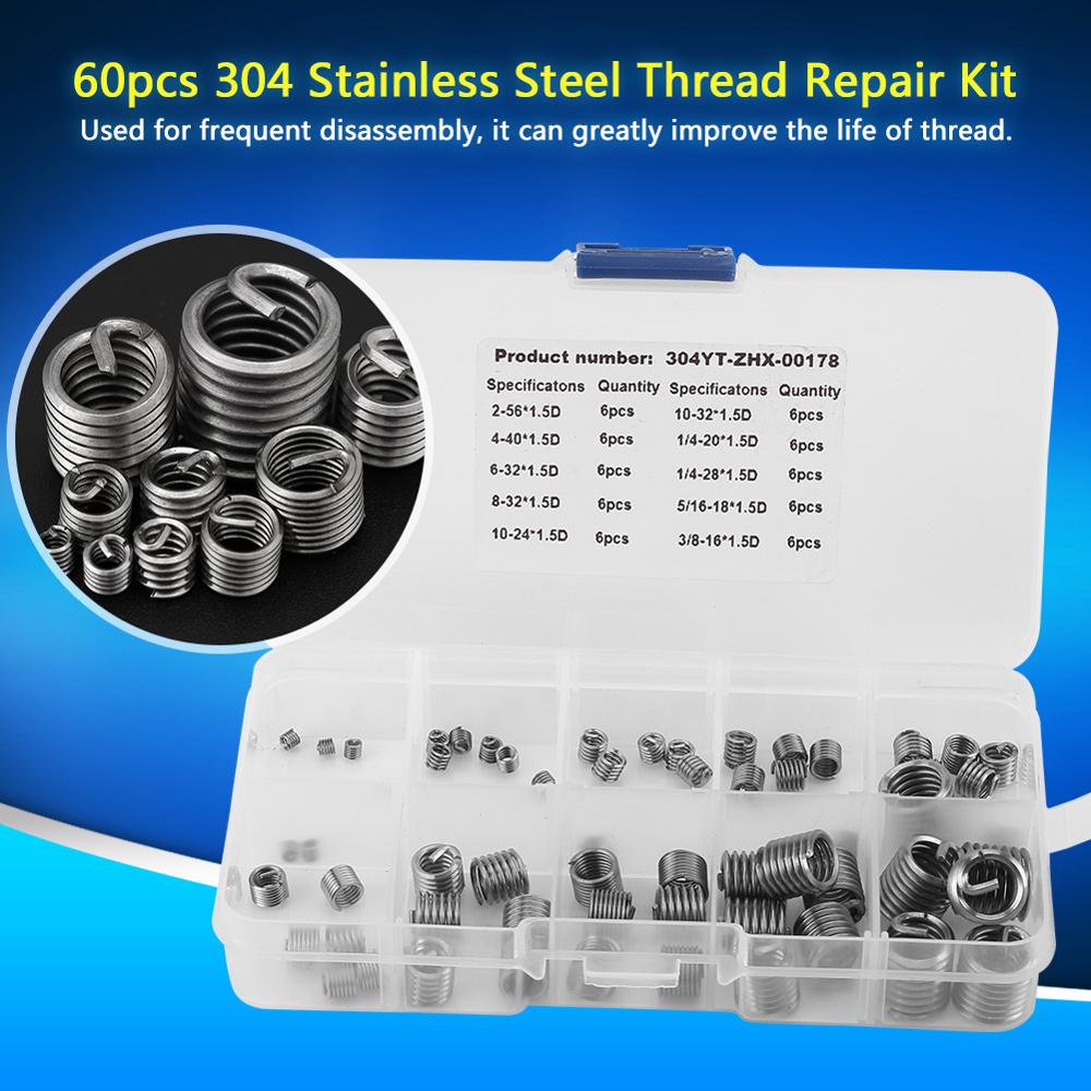 60 stks/partij 304 Rvs Schroefdraad Insert Draad Schroef Mouw Draad Reparatie Inserts Assortiment Kit