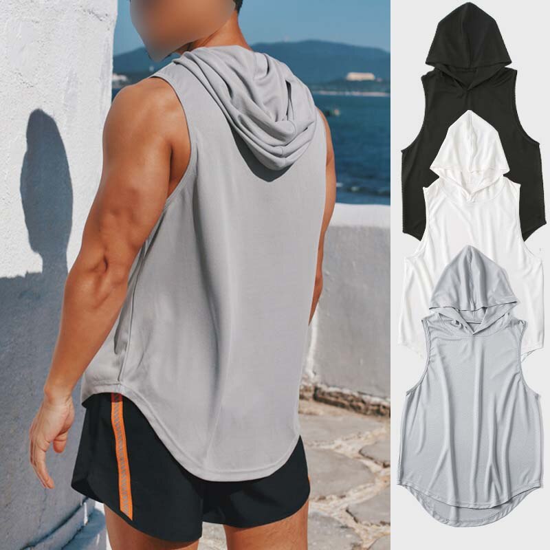 Sport Vest Mannen Zomer Sneldrogende Losse Fitness Fietsen Basketbal Training Hooded Fitness Vest