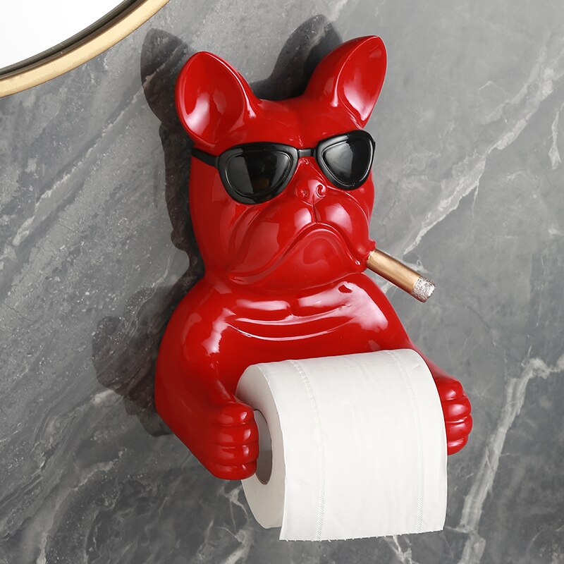 Luxury Resin French Bulldog Paper Tissue Holder Toilet Animal Sculpture Shelf Bathroom Tissue Holder Free Perforated Wall Mount