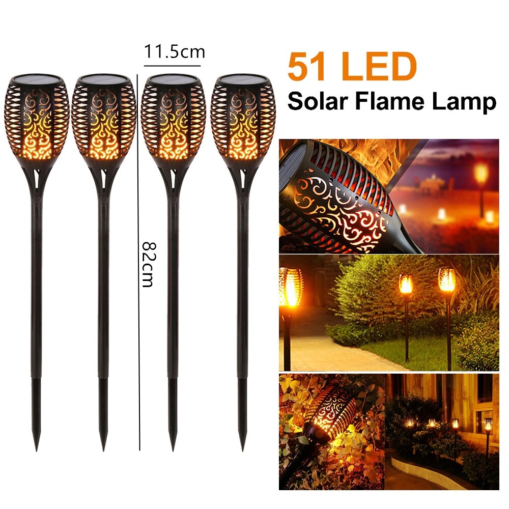Led solar flamme fakkel lampe udendørs solar lamper til haveindretning lys flimrende lampe gårdhave balkon græsplæne sti spotlight: 51 led -4 stk