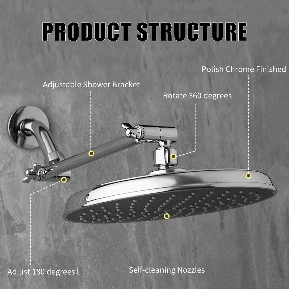 High Pressure Shower Head Round Adjustable Angle Shower Arm Extension G1/2 Bathroom Showerhead 9 inch Rainfall Shower Head