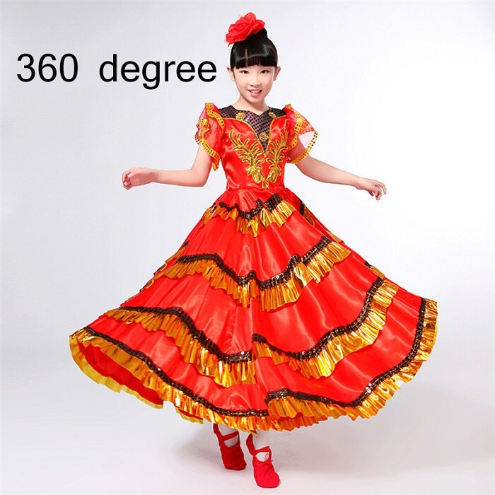 Spansk kostume pige lang rød flamenco kjole balsal nederdel flamengo piger børn danse kjoler kostumer til børn tøj  dn3038: 360 grader / Xxxl