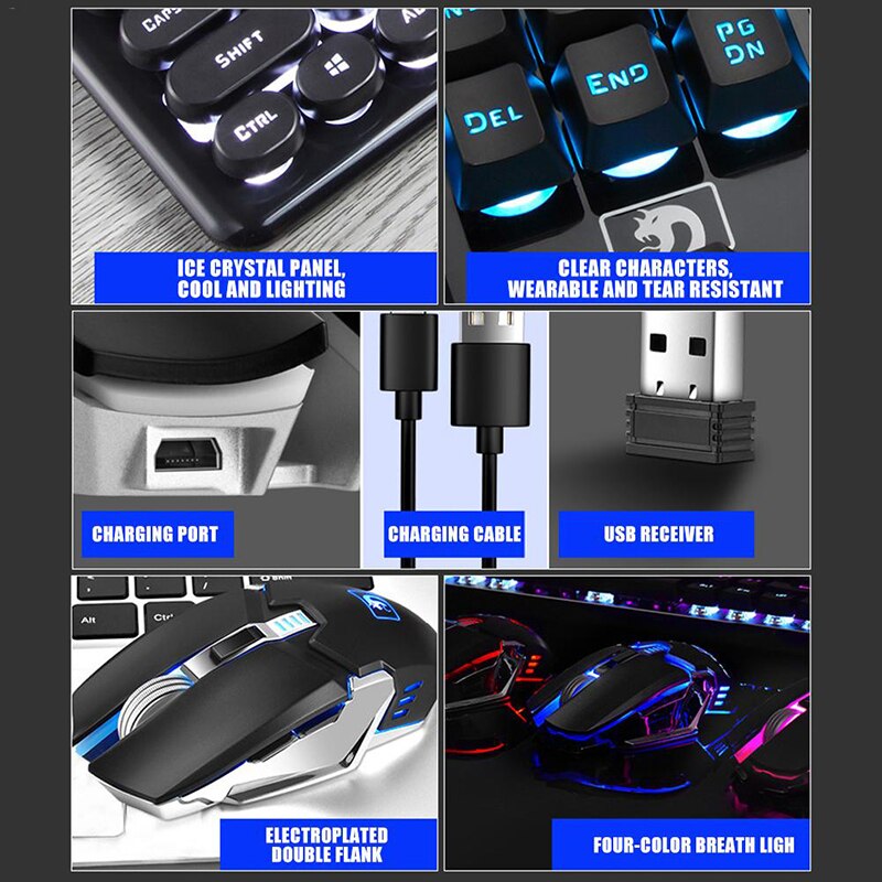 Teclado inalámbrico de 2,4G para videojuegos, periférico con sensación mecánica, retroiluminado RGB, ratón inalámbrico de 2400dpi, Pc, Gamer, teclado Punk