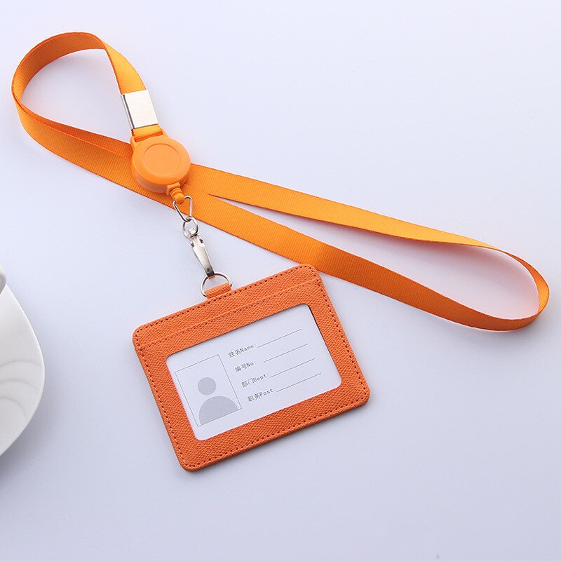 PU Leather Lanyard retractable badge holder ID card holder school lanyards id badge holder horizontal badge holder transparent: orange-Horizontal