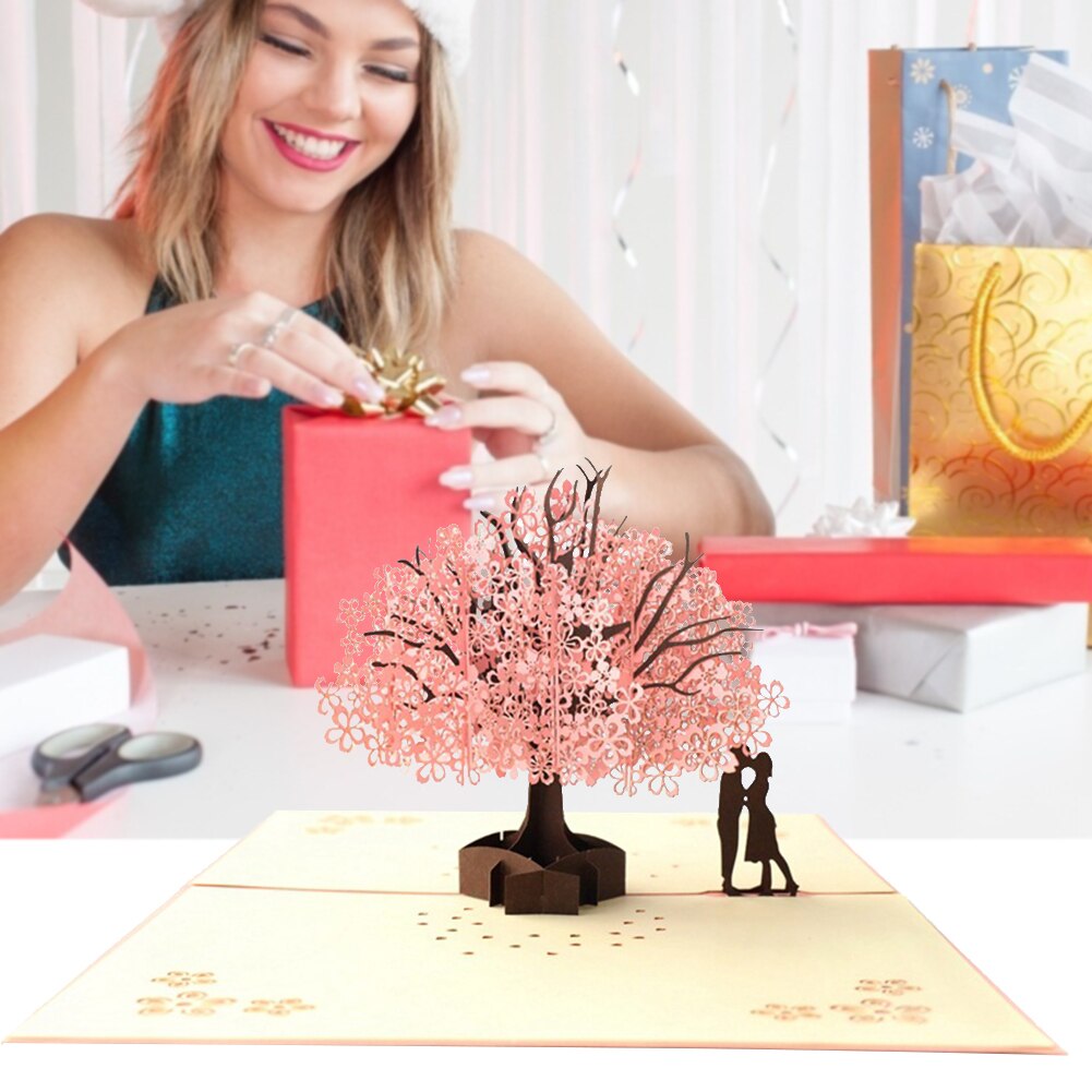 3D Greeting Card Wedding Cherry Tree Invitations Cards Valentine Day Anniversary Greeting Handmade Card Lovers Couple Postcard