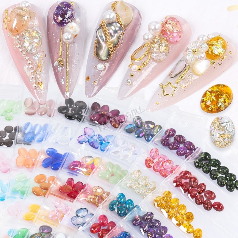 60 unids/pack 3D Oval redondo ojo de gato Cymophane claro de ámbar joya acrílico arte de uñas de diamante de imitación gemas decoración manicura puntas DIY