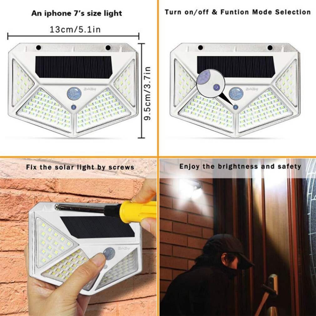 100 LED Solar Lamp PIR Motion Sensor 3 Modes Outdoor Garden Solar Light Four Sides Waterproof Energy Saving Wall Lamps